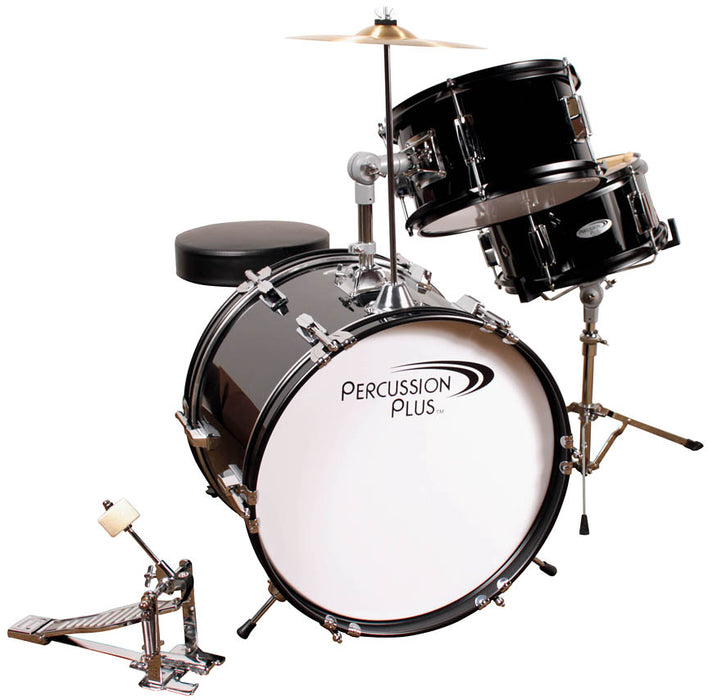 Percussion Plus 3-Piece Junior Drum Set with Cymbal & Throne – Metallic Black