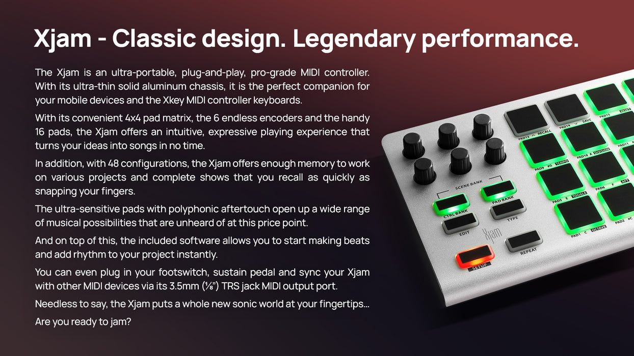 Xjam USB MIDI Performance Controller, polyphonic aftertouch, plug & play on iPad, iPhone, Mac, PC and Software Suite Included